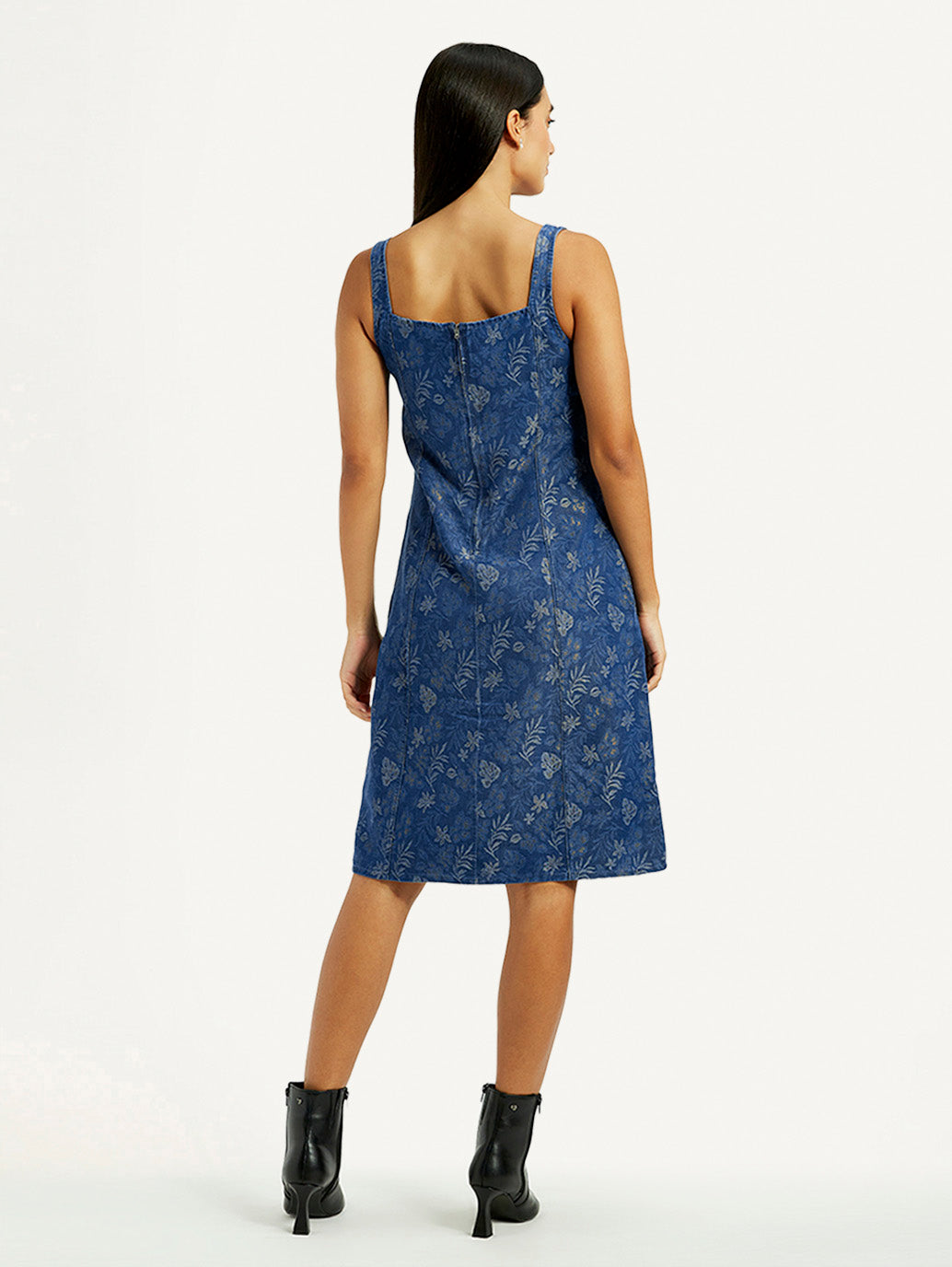 Women's Floral Blue Square Neck Dress - Back View