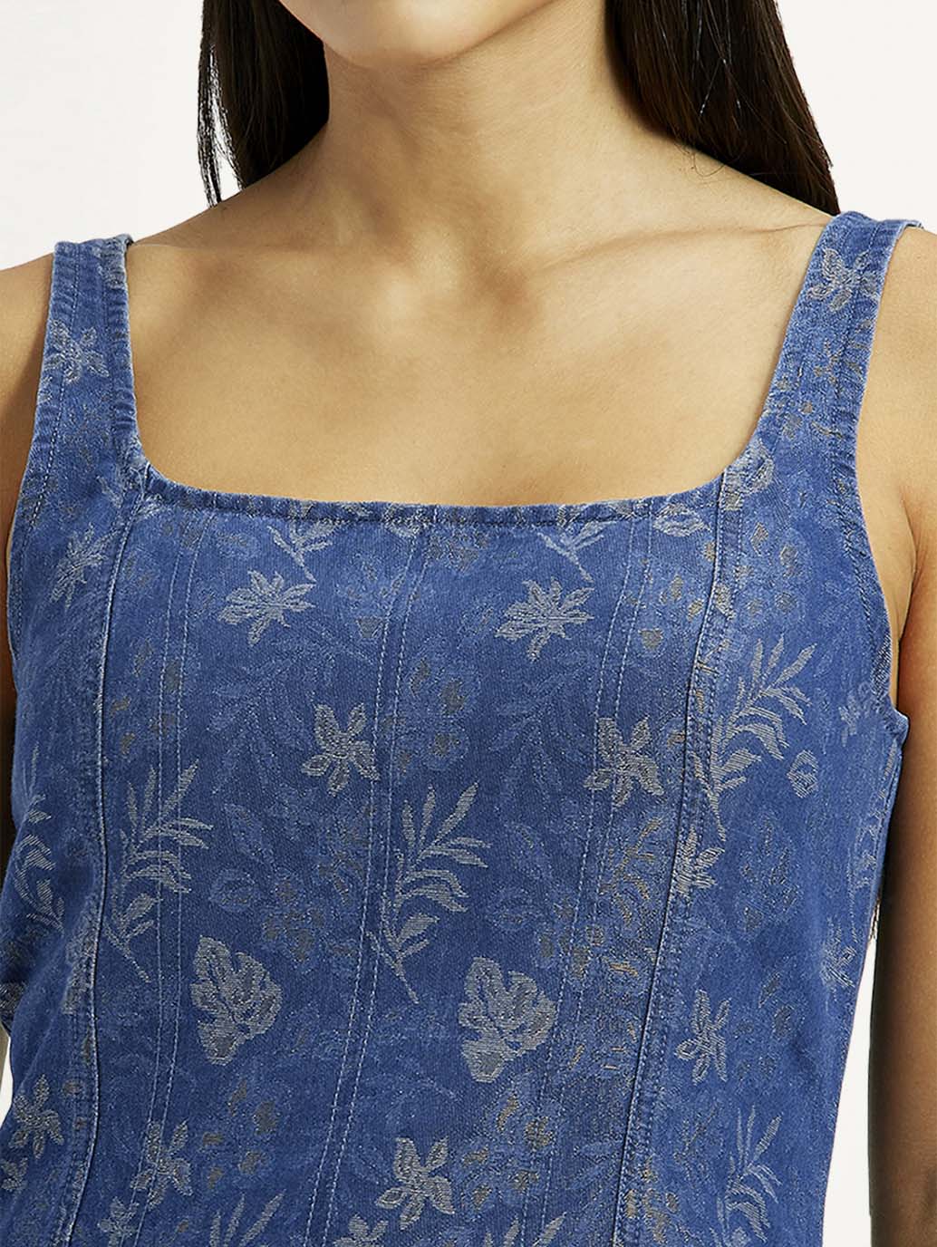 Women's Floral Blue Square Neck Dress - Detail View