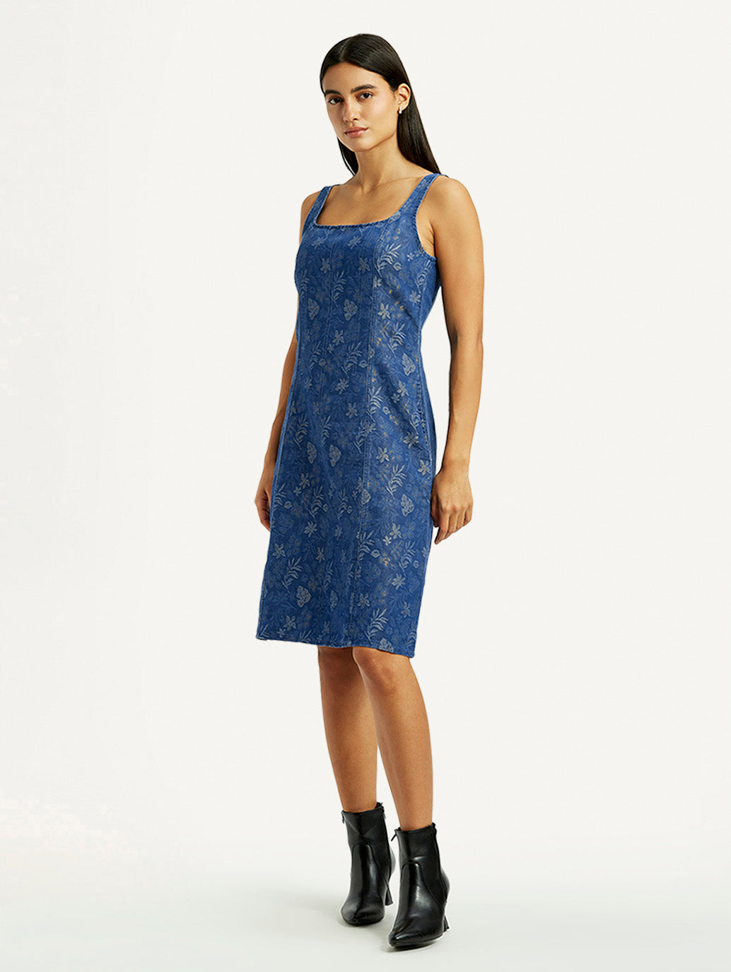 Women's Floral Blue Square Neck Dress - Side View