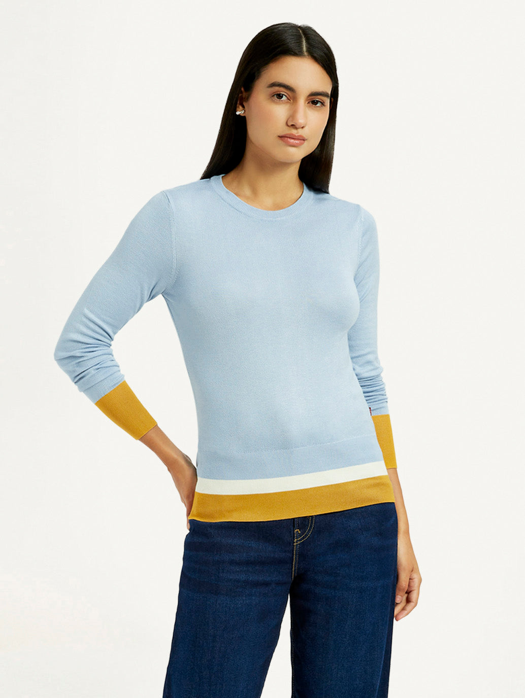 Women's Colorblock Blue Crew Neck T-shirt - Styleshot View