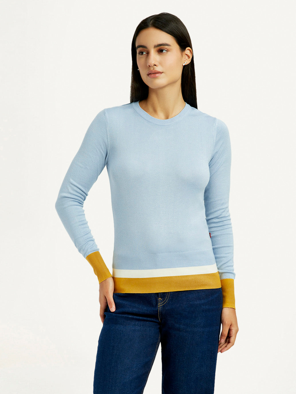 Women's Colorblock Blue Crew Neck T-shirt - Front View