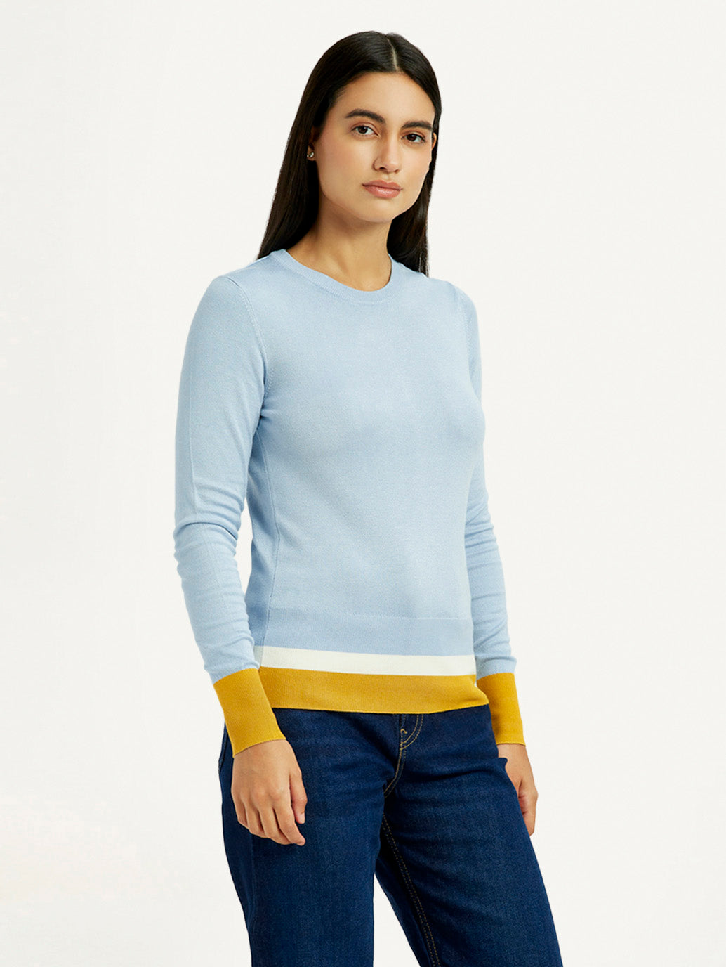 Women's Colorblock Blue Crew Neck T-shirt - Side View