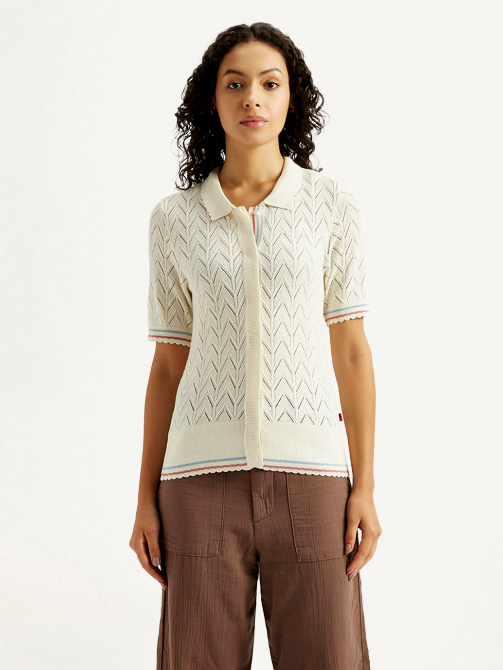 Women's Textured Slim Fit Polo T-shirt - Front View