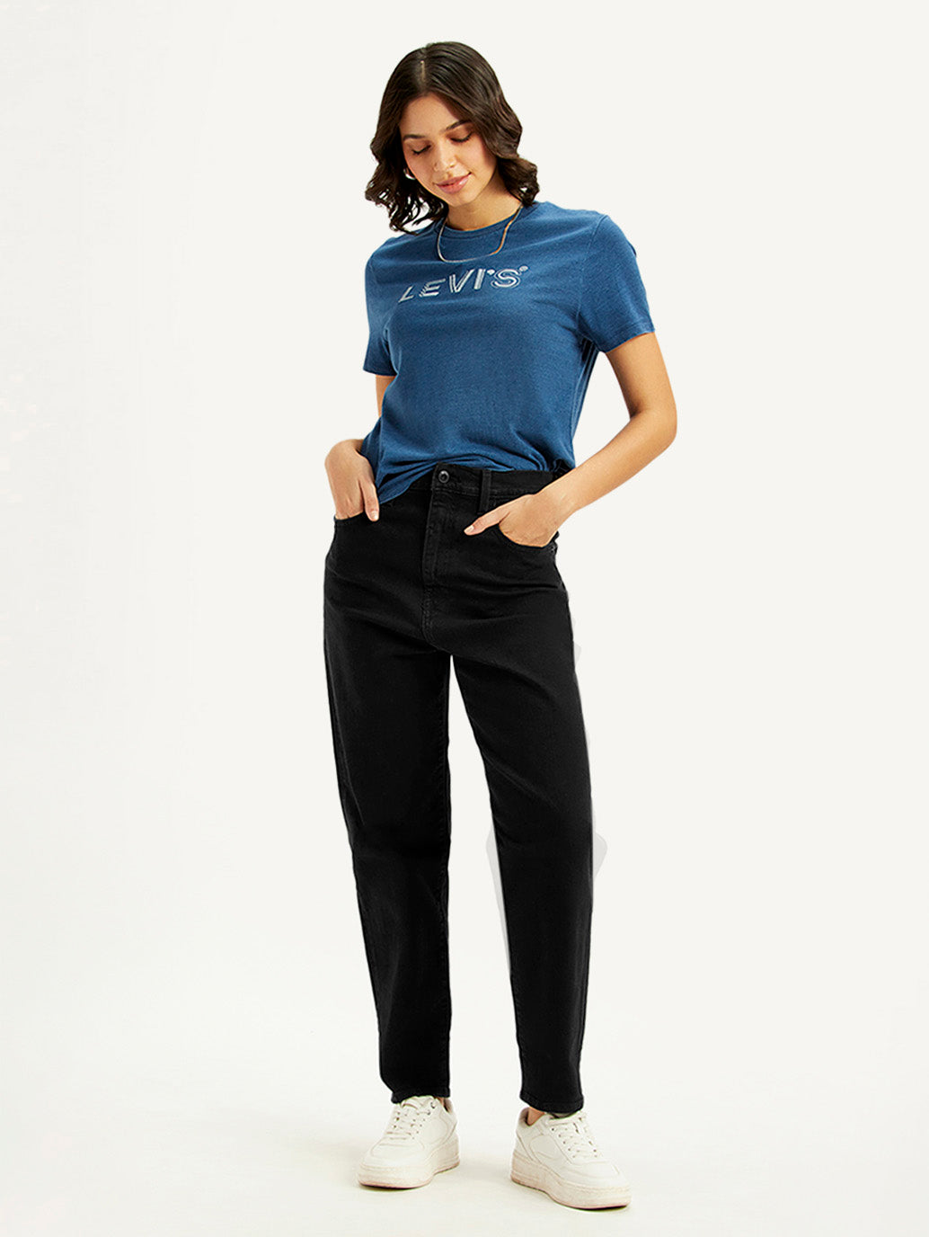Women's Black Loose Tapered Fit High Rise Jeans - Styleshot View