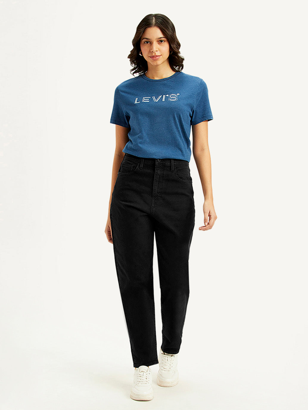 Women's Black Loose Tapered Fit High Rise Jeans - Front View