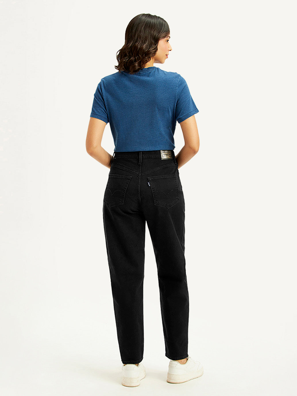 Women's Black Loose Tapered Fit High Rise Jeans - back View