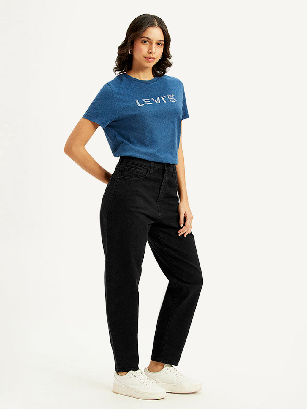 Women's Black Loose Tapered Fit High Rise Jeans - Side View