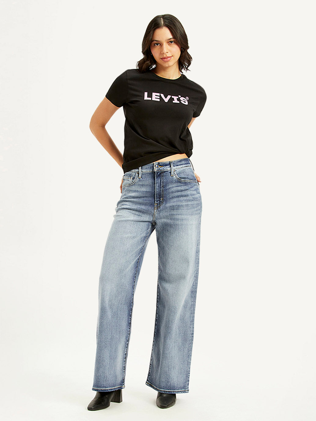 Women's Light Blue Ribcage Bell Bottom Wide Leg Fit High Rise Jeans
