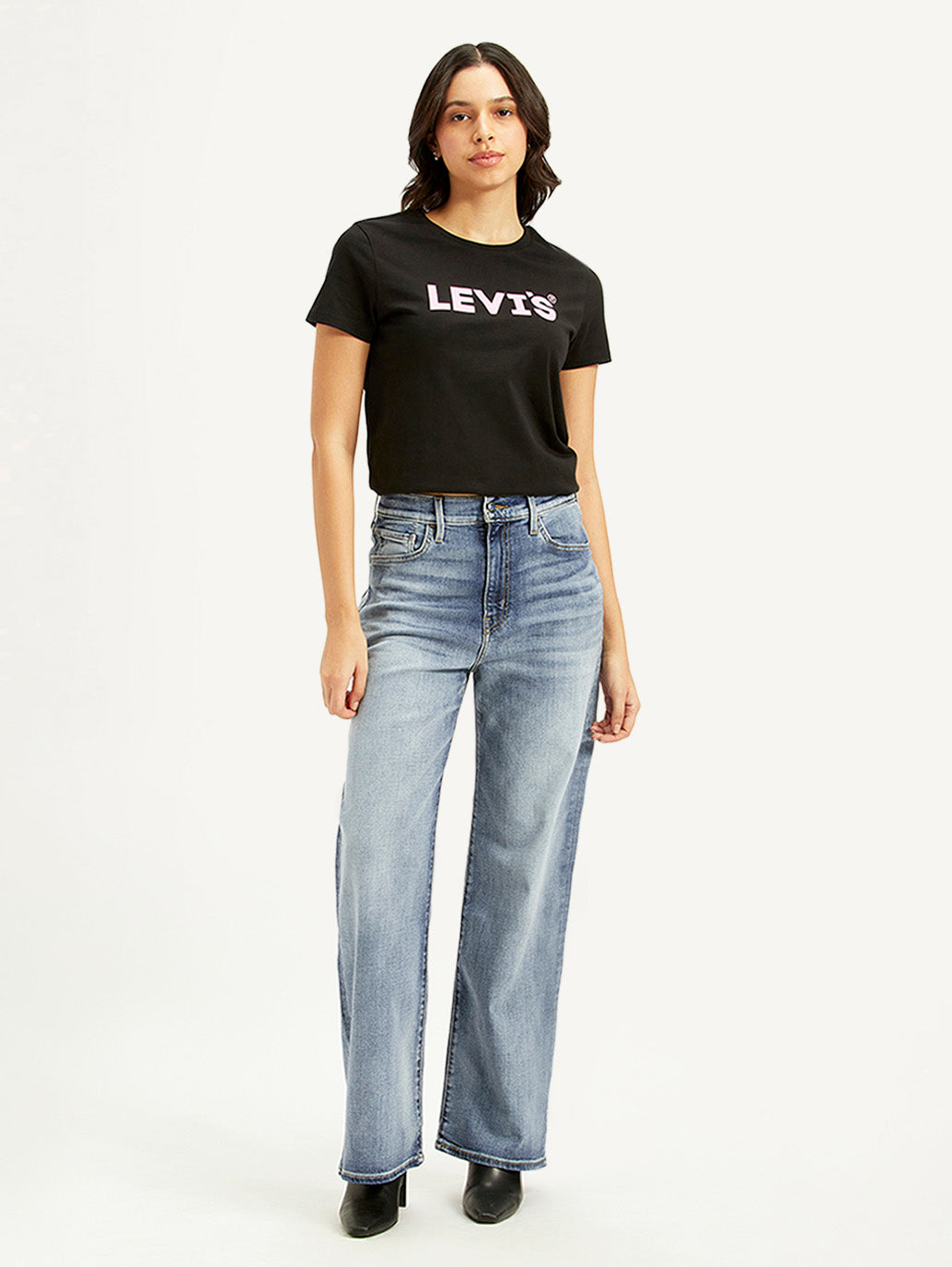 Women's Light Blue Ribcage Bell Bottom Wide Leg Fit High Rise Jeans - Front View