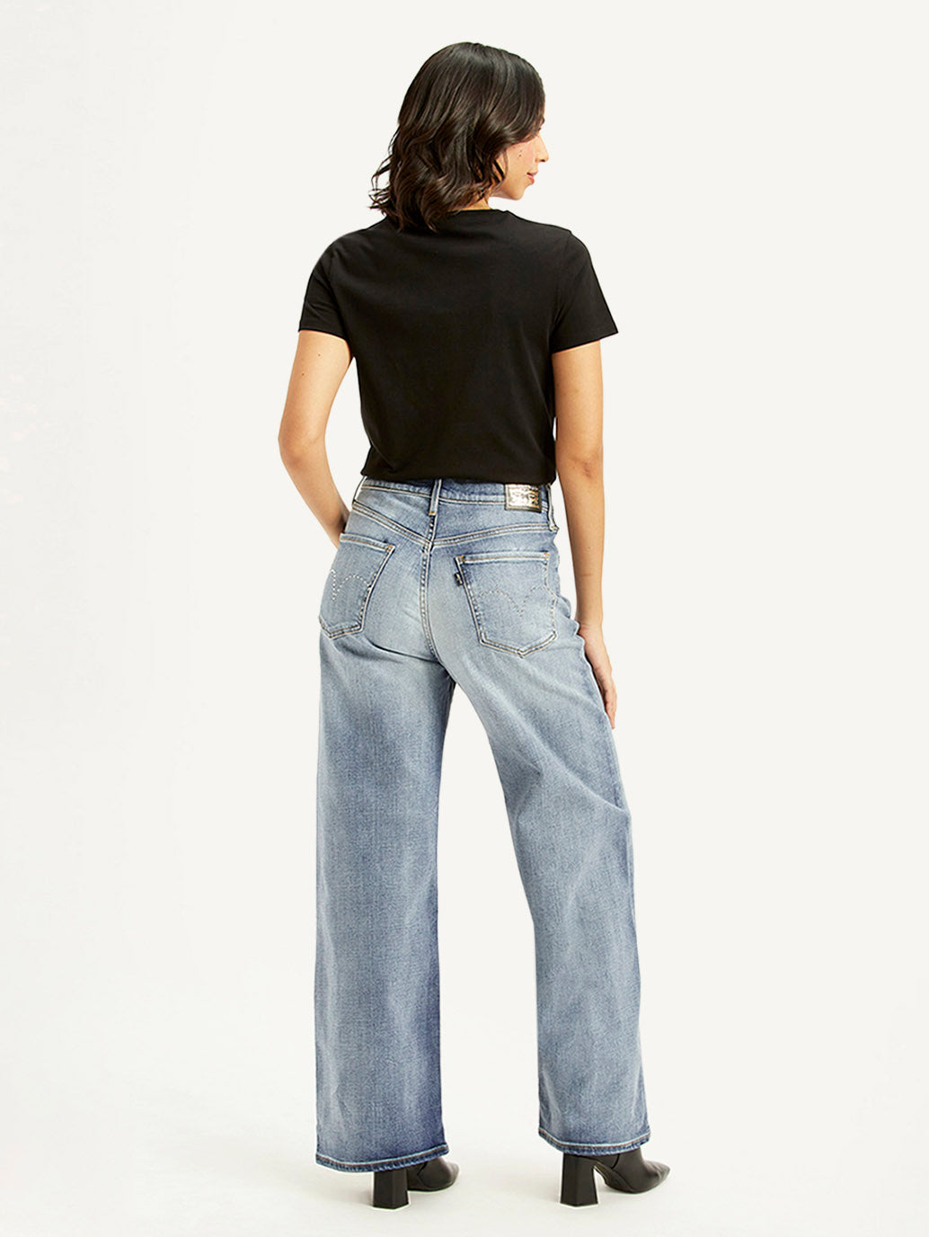 Women's Light Blue Ribcage Bell Bottom Wide Leg Fit High Rise Jeans - back View