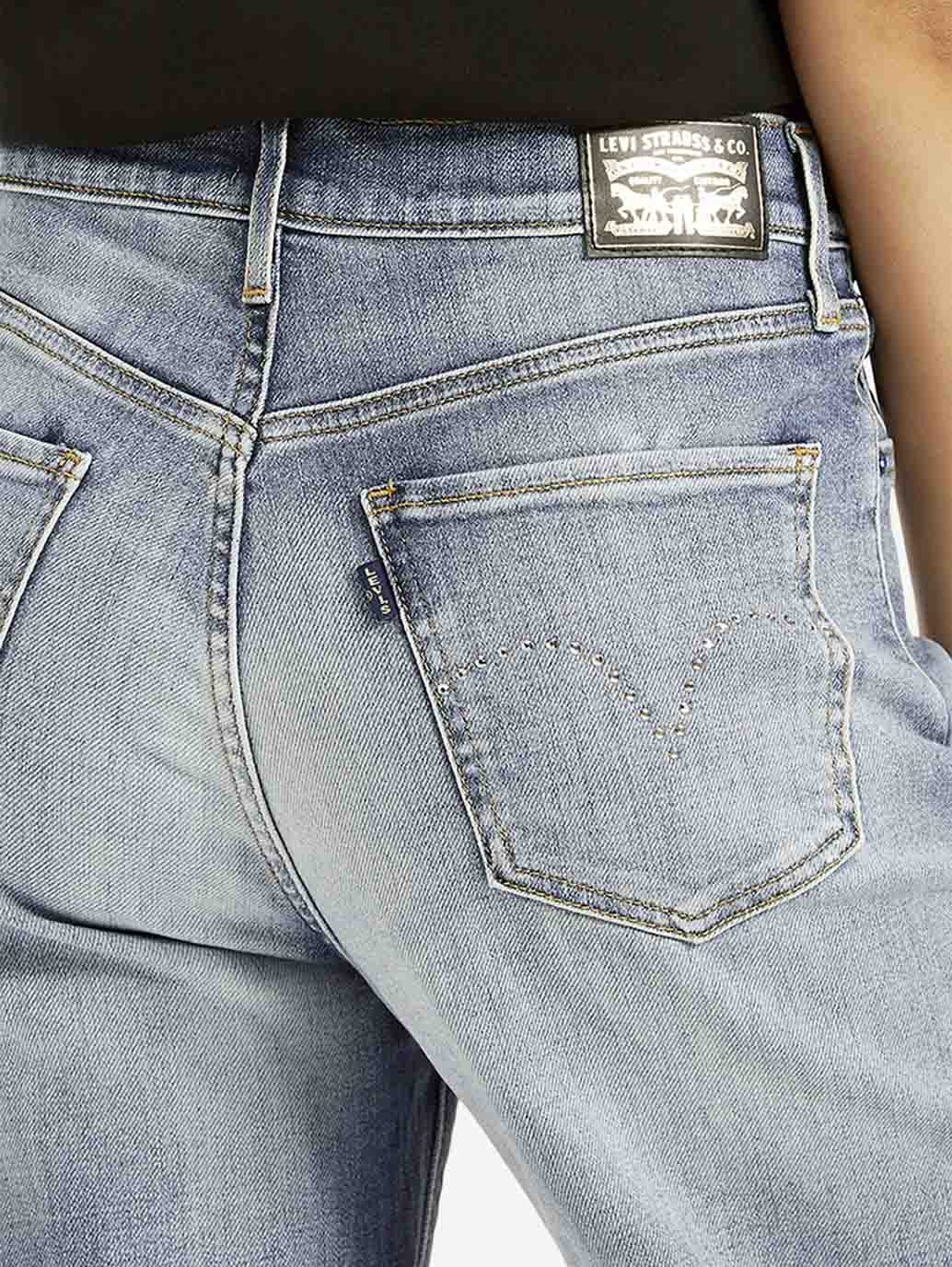 Women's Light Blue Ribcage Bell Bottom Wide Leg Fit High Rise Jeans - Detail View