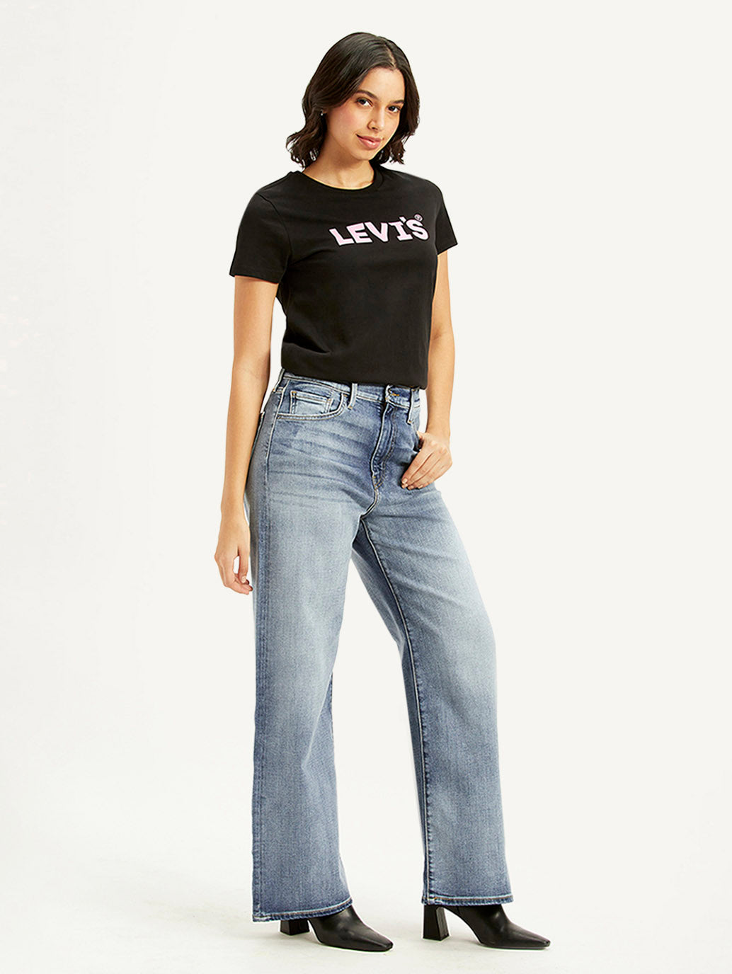 Women's Light Blue Ribcage Bell Bottom Wide Leg Fit High Rise Jeans - Side View