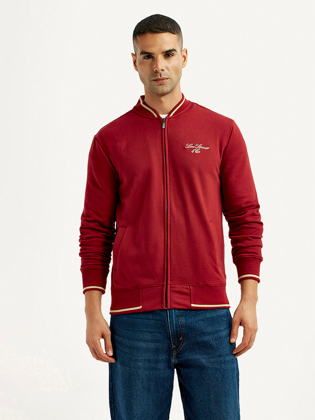 Men's Brand Logo Red Collar Neck Sweatshirt - Front View