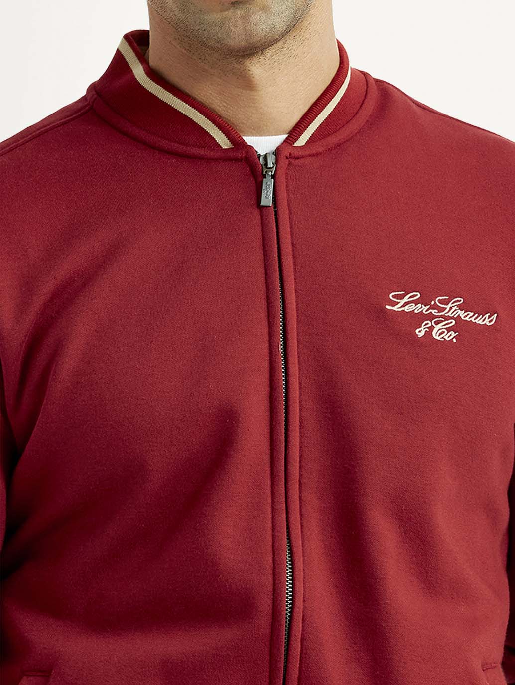 Men's Brand Logo Red Collar Neck Sweatshirt - Detail View