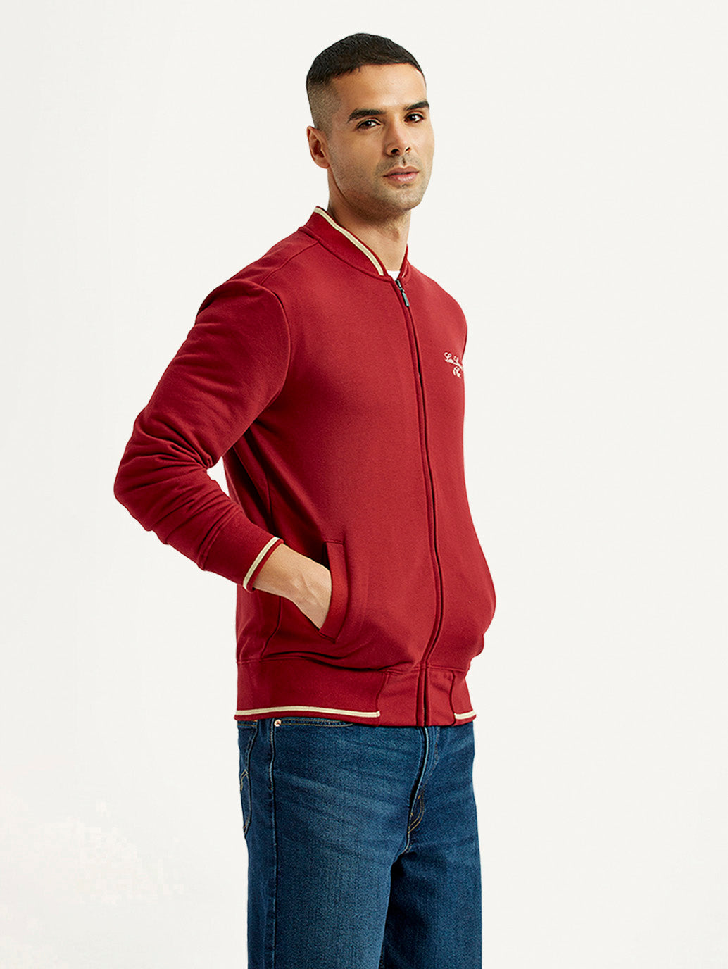 Men's Brand Logo Red Collar Neck Sweatshirt - Side View