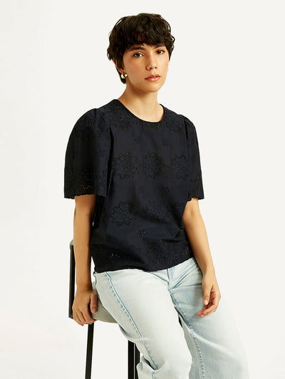 Women's Floral Black Round Neck Top