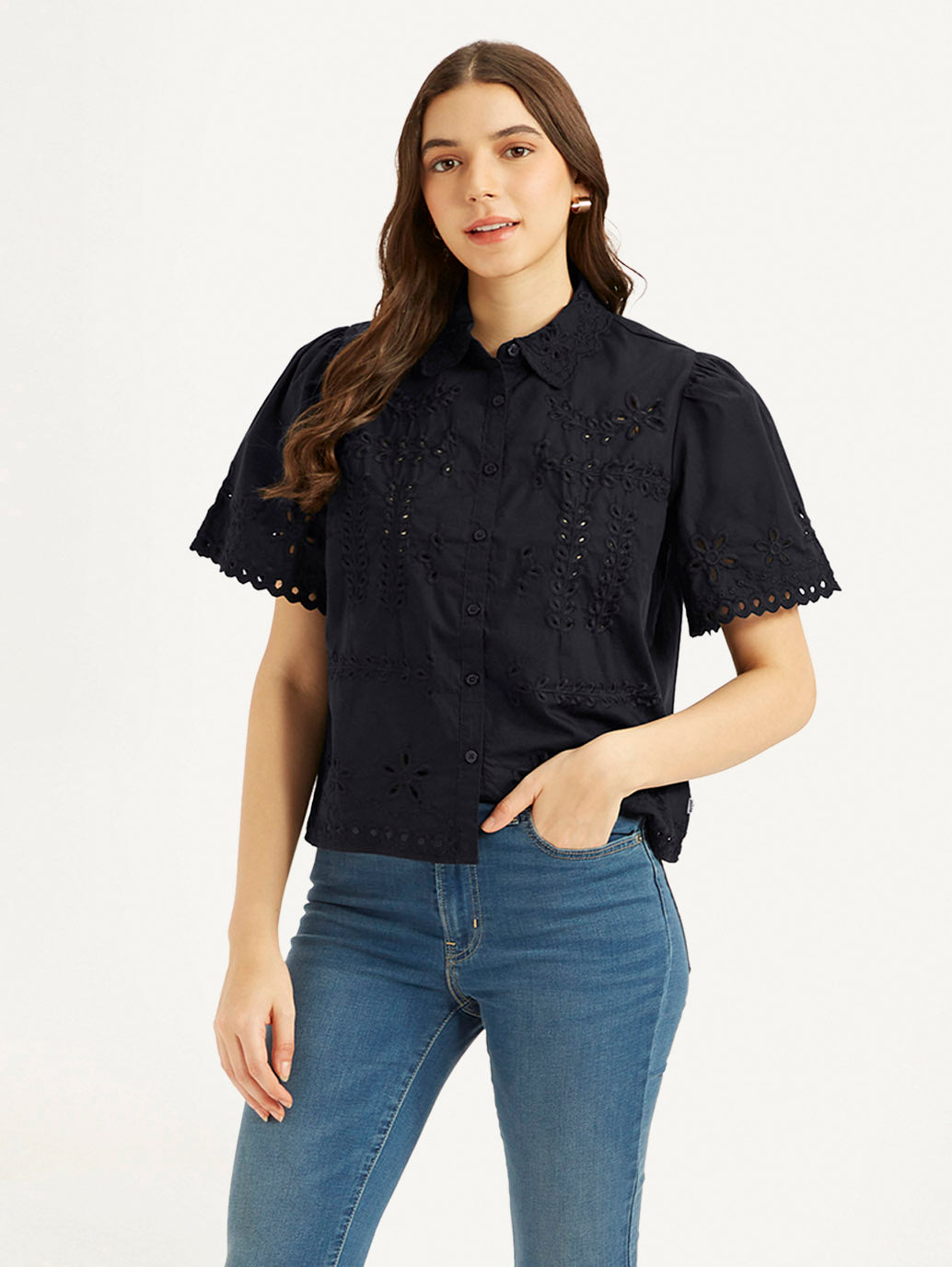 Women's Self Design Spread Collar Shirt - Styleshot View