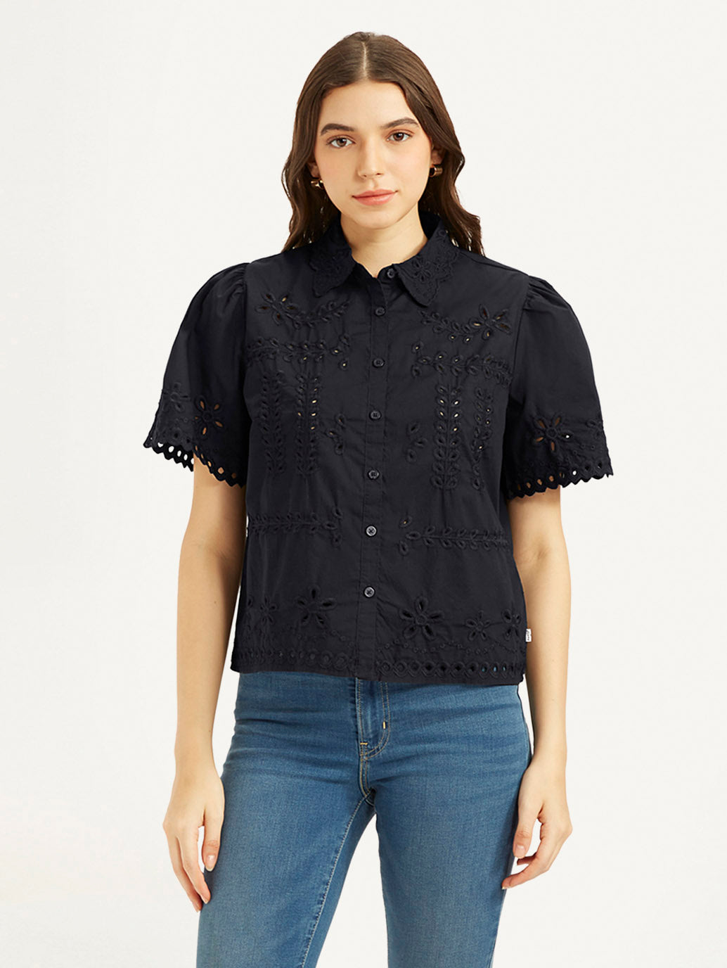 Women's Self Design Spread Collar Shirt - Front View