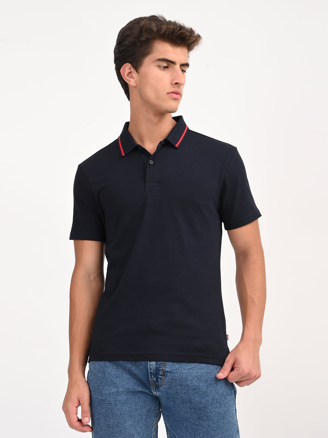 Men's Solid Navy Slim Fit Polo T-shirt - frount View