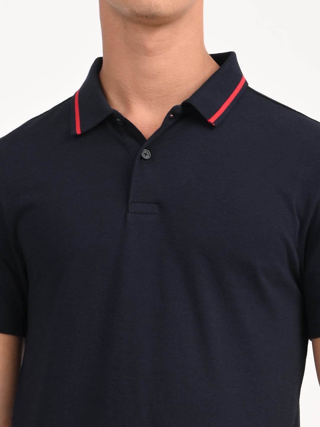 Men's Solid Navy Slim Fit Polo T-shirt - deatil View