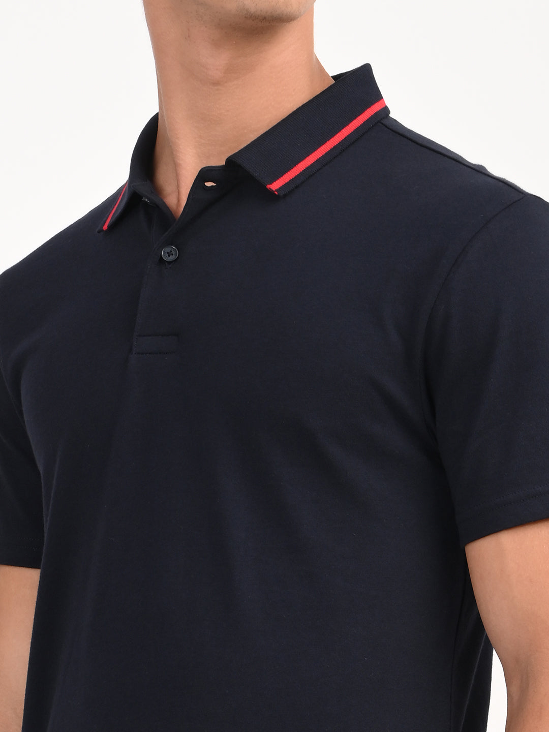 Men's Solid Navy Slim Fit Polo T-shirt - deatil View