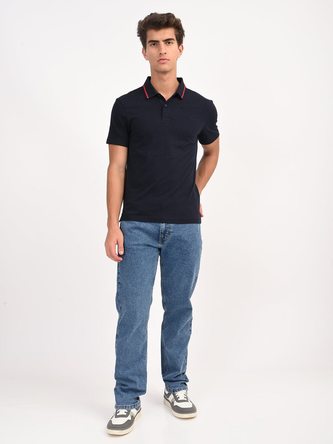 Men's Solid Navy Slim Fit Polo T-shirt - 6 View
