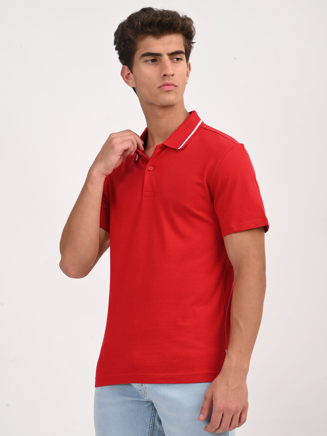 Men's Solid Red Slim Fit Polo T-shirt - side View