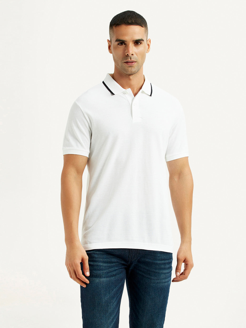 Men's Solid White Slim Fit Polo T-shirt - Front View