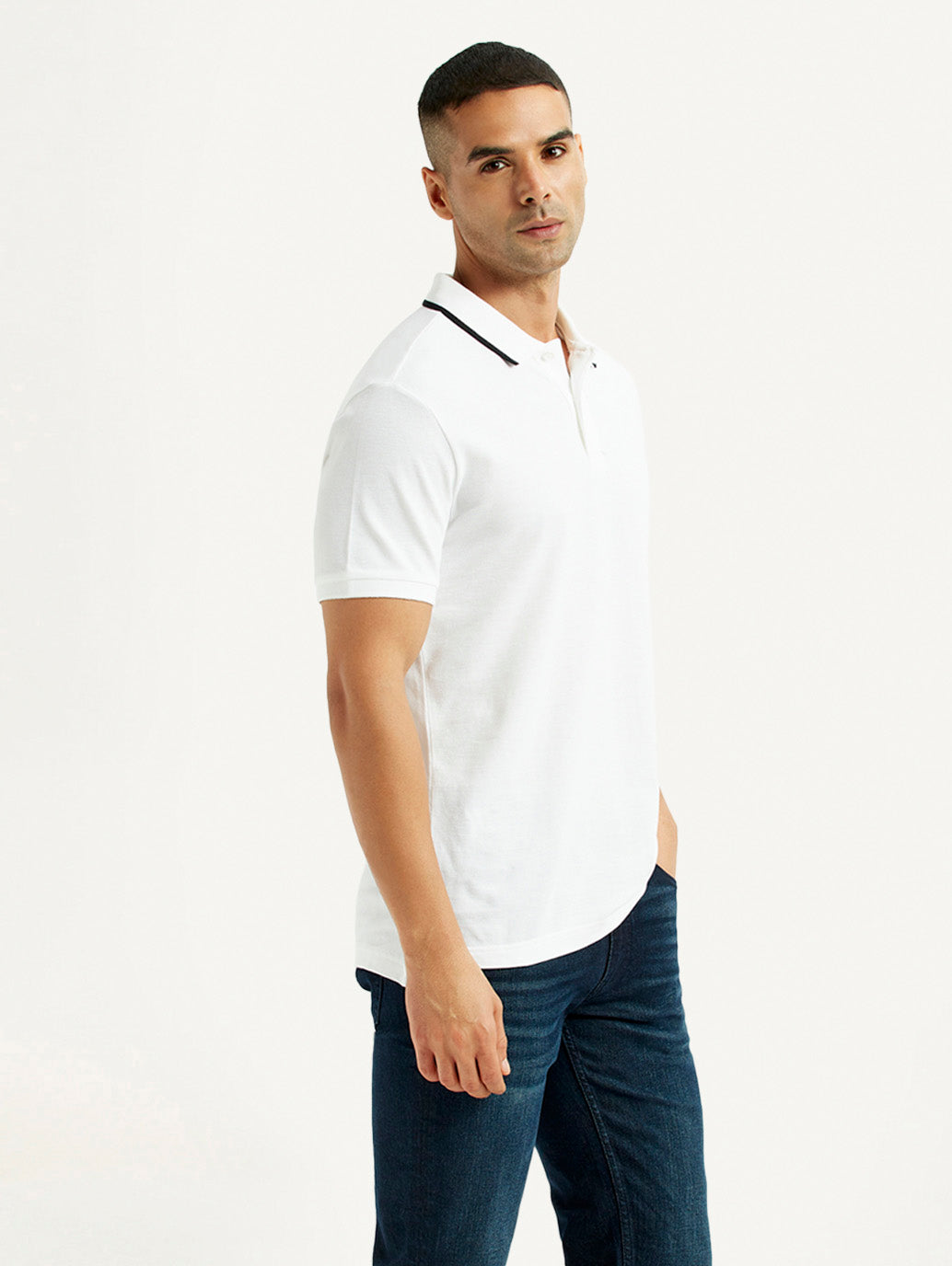Men's Solid White Slim Fit Polo T-shirt - Side View