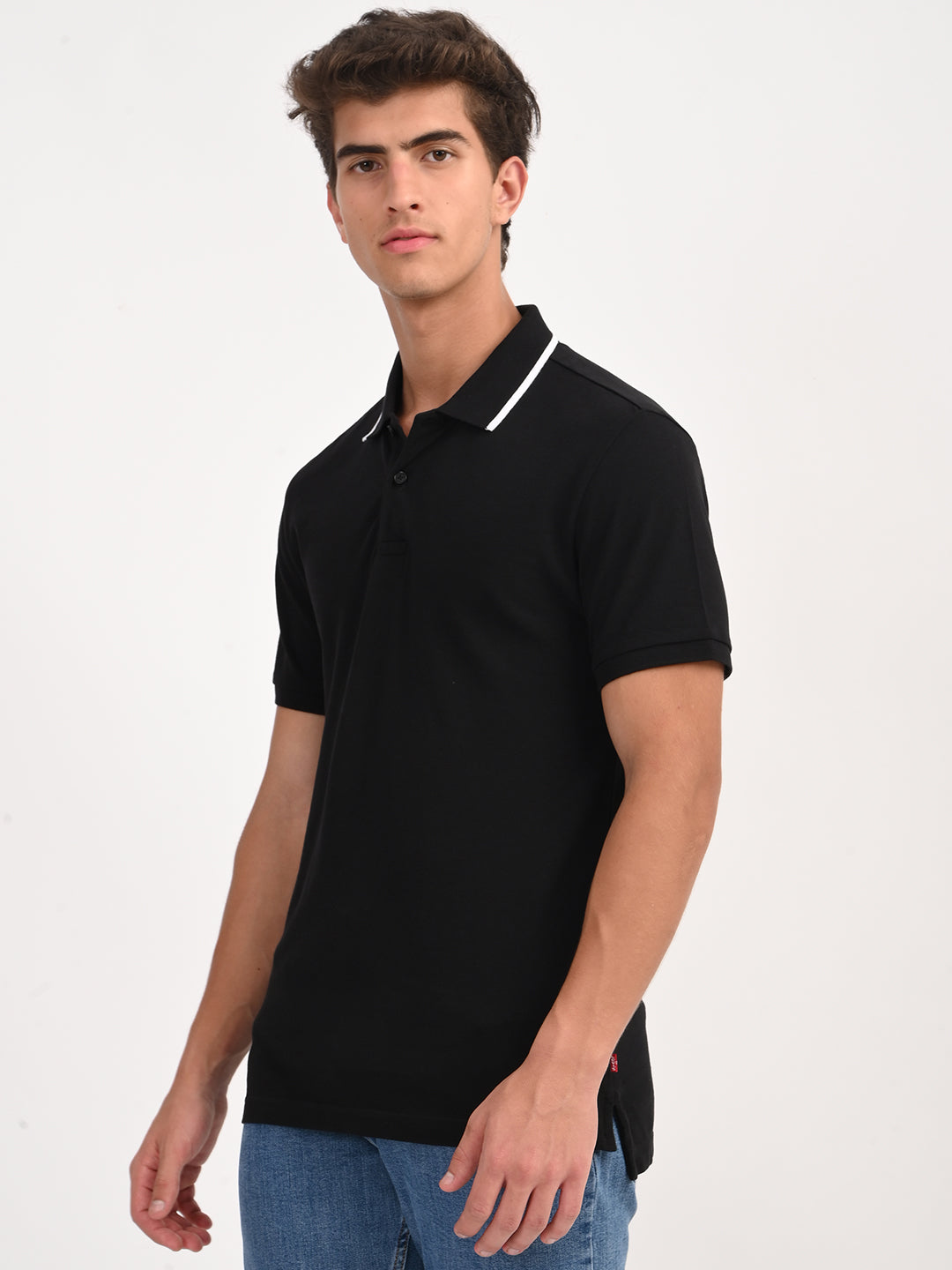 Men's Solid Black Slim Fit Polo T-shirt - side View