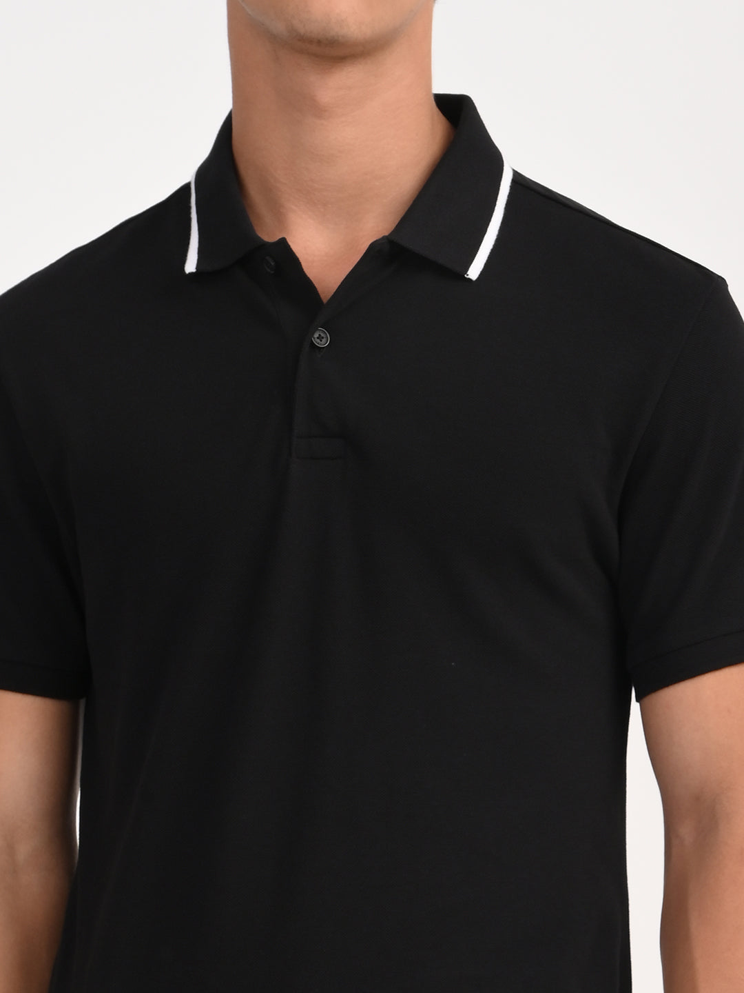 Men's Solid Black Slim Fit Polo T-shirt - deatil View