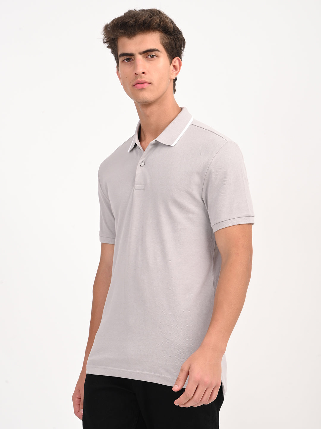 Men's Solid Light Grey Slim Fit Polo T-shirt - side View