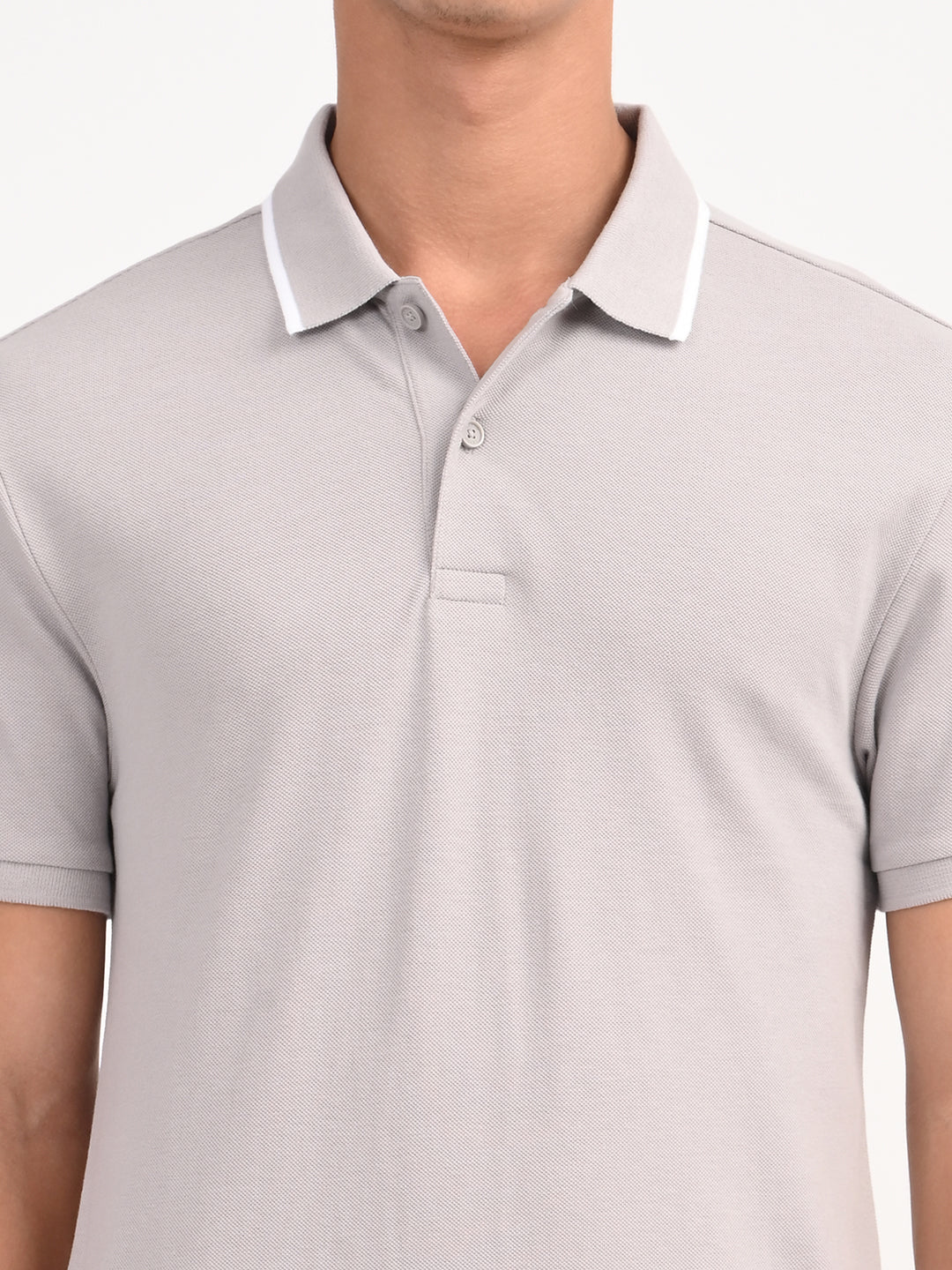 Men's Solid Light Grey Slim Fit Polo T-shirt - deatil View