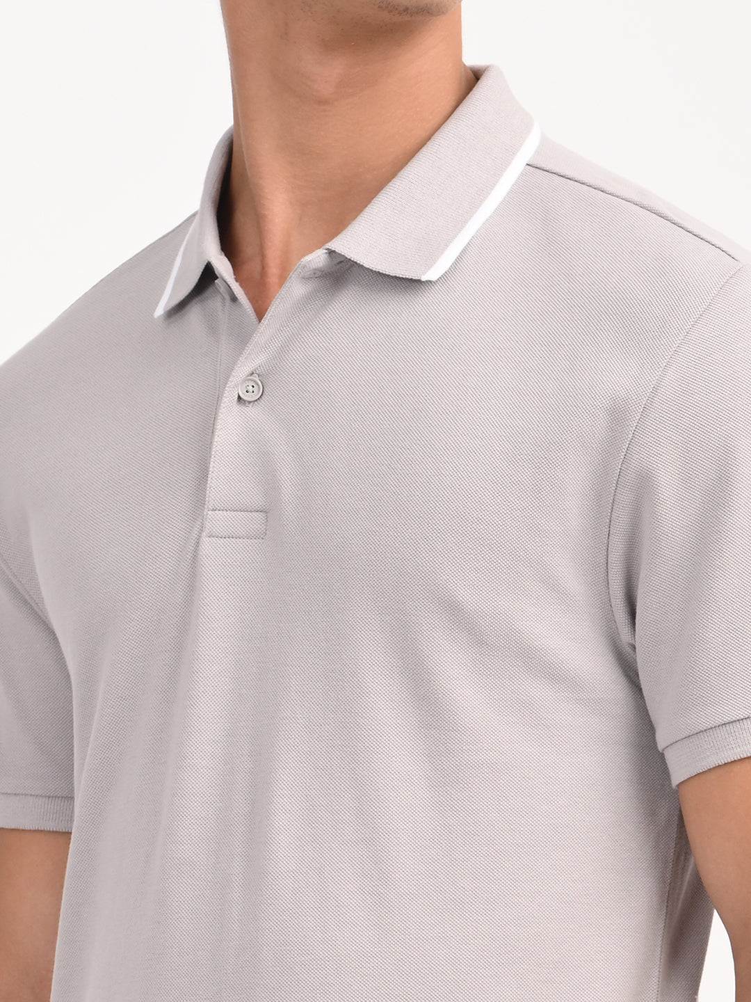Men's Solid Light Grey Slim Fit Polo T-shirt - deatil View