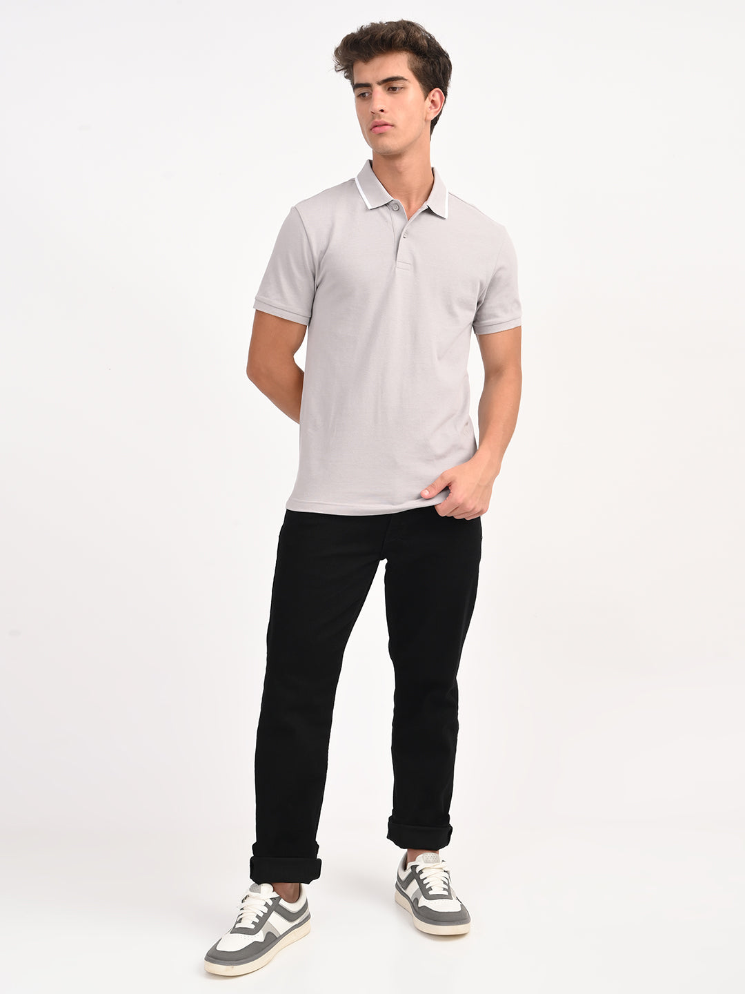Men's Solid Light Grey Slim Fit Polo T-shirt - 6 View