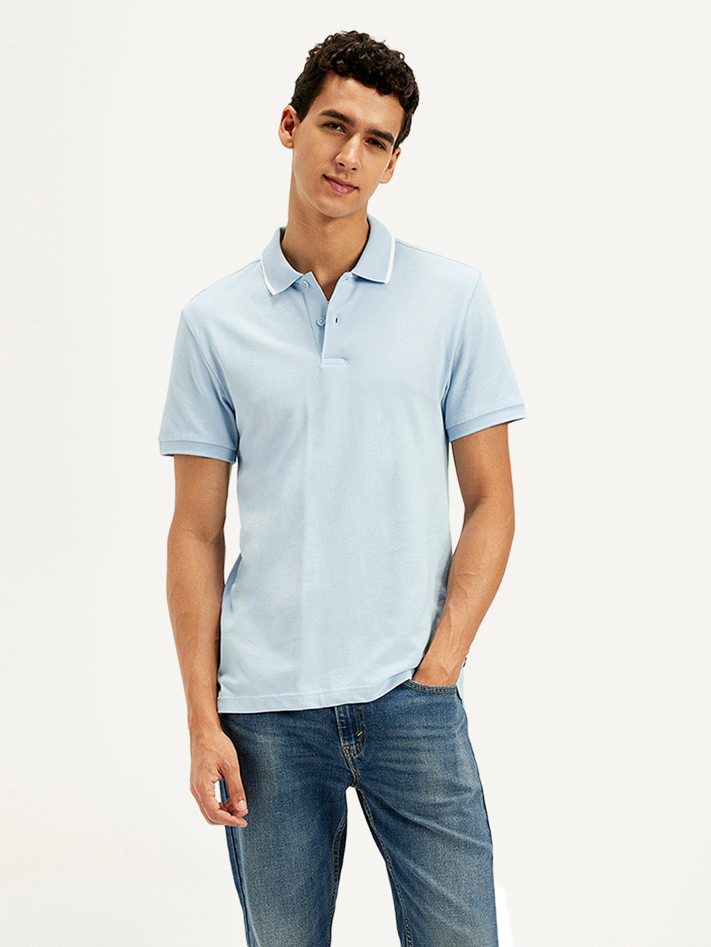 Men's Solid Light Blue Slim Fit Polo T-Shirt - Styleshot View