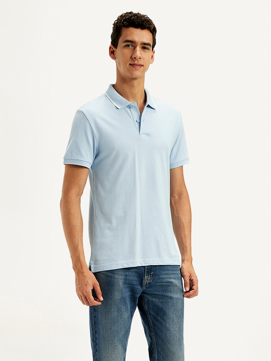 Men's Solid Light Blue Slim Fit Polo T-Shirt - Side View