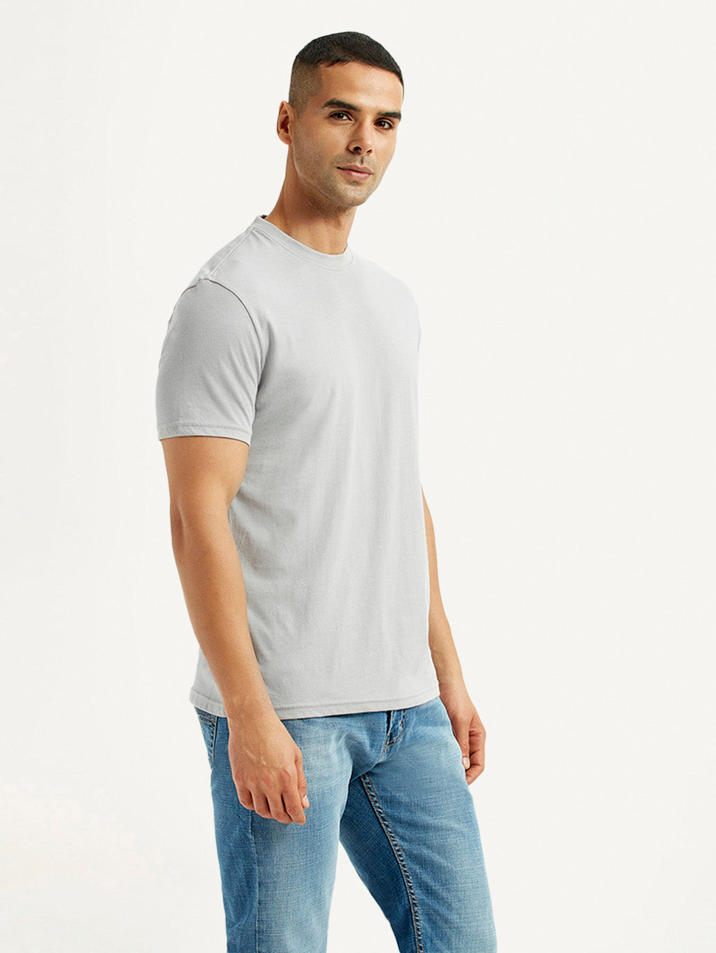 Men's Solid Light Grey Crew Neck T-shirt - Side View