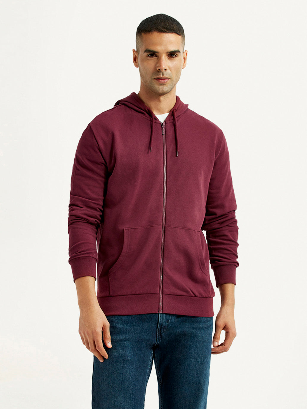 Men's Solid Maroon Hooded Sweatshirt - Front View