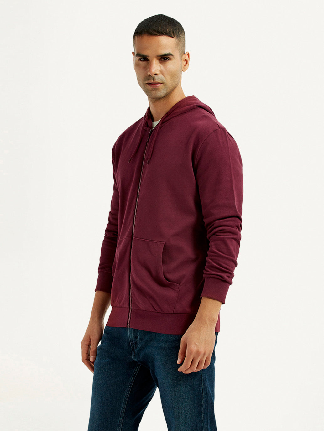 Men's Solid Maroon Hooded Sweatshirt - Side View