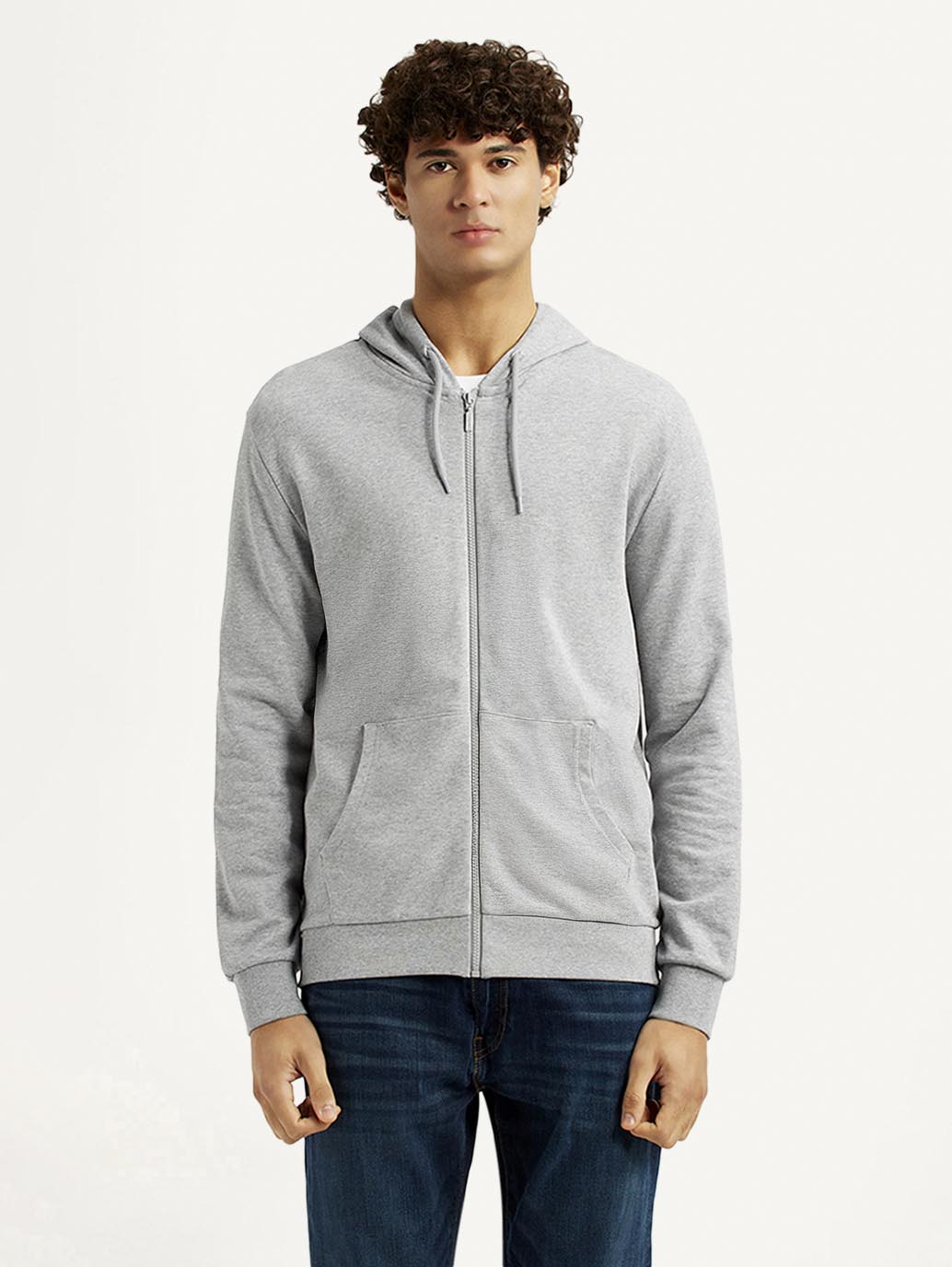 Men's Solid Light Grey Hooded Sweatshirt - Front View