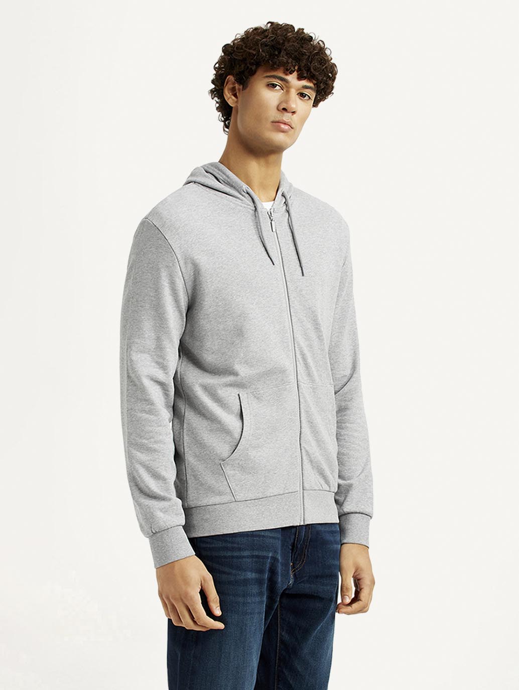 Men's Solid Light Grey Hooded Sweatshirt - Side View