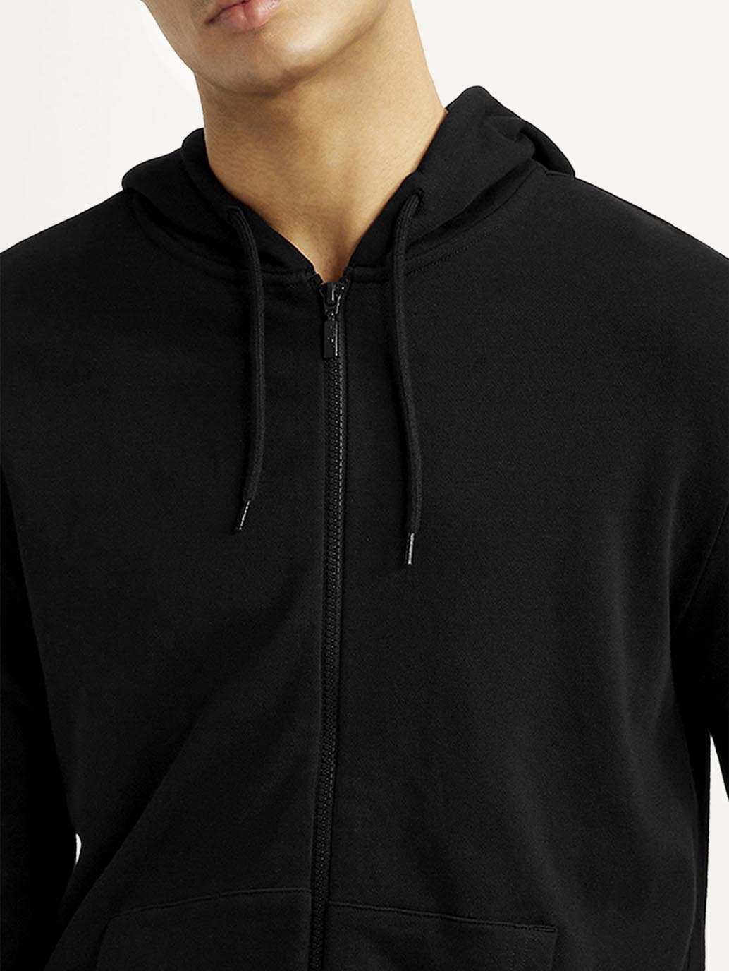 Men's Solid Black Hooded Sweatshirt - Detail View