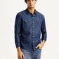 Men's Solid Blue Slim Fit Denim Shirt - Front View