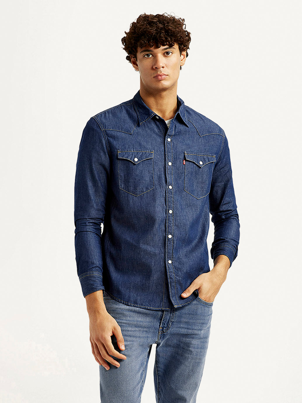 Men's Solid Blue Slim Fit Denim Shirt - Front View