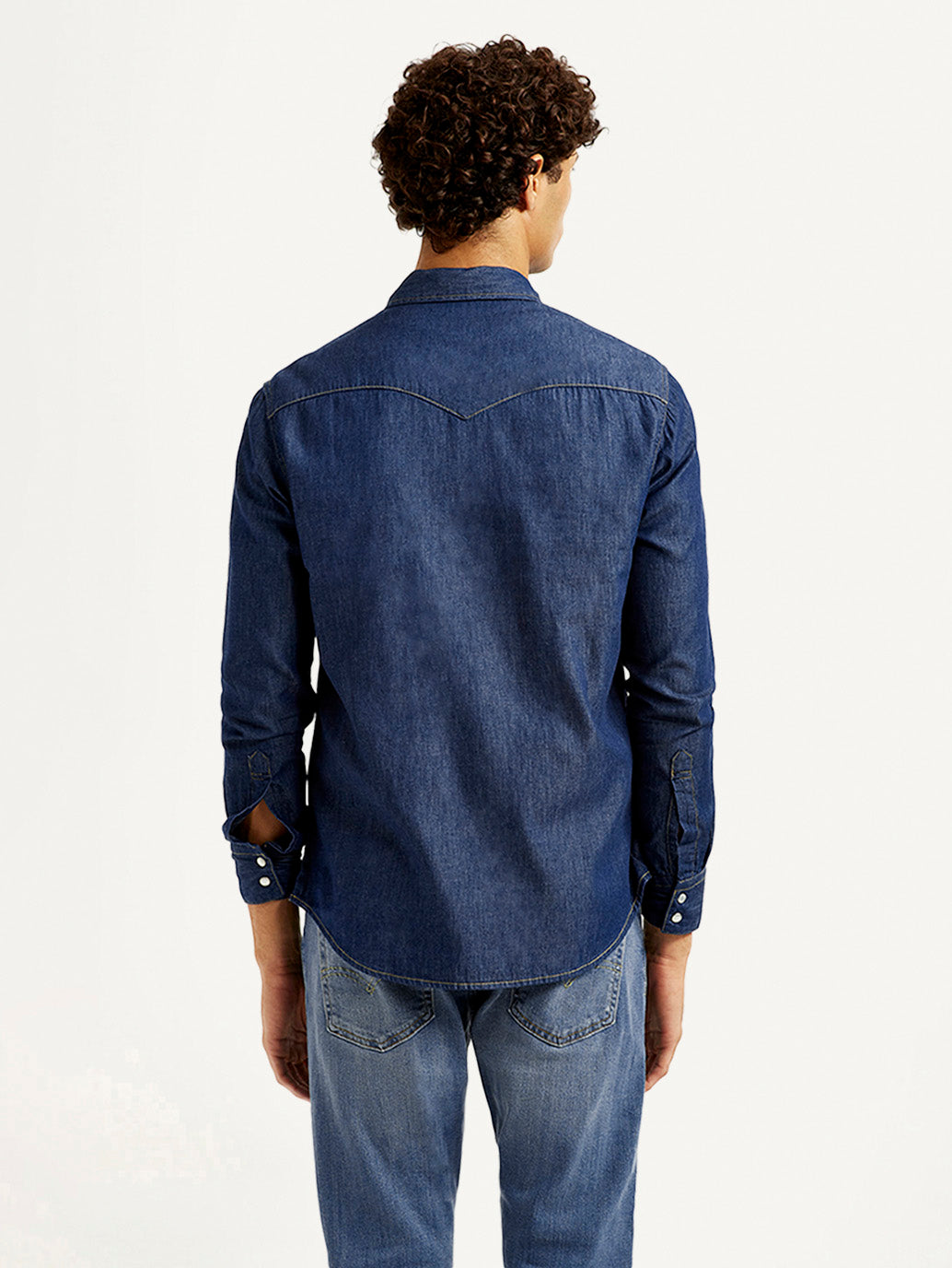 Men's Solid Blue Slim Fit Denim Shirt - Back View