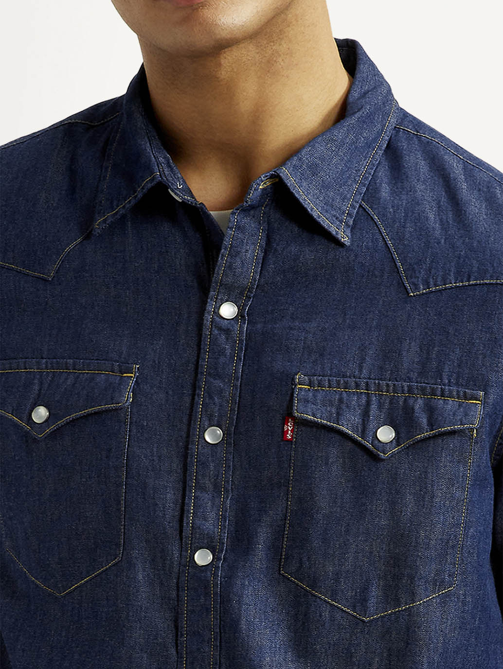 Men's Solid Blue Slim Fit Denim Shirt - Detail View