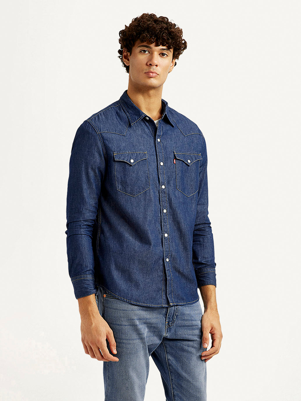 Men's Solid Blue Slim Fit Denim Shirt - Side View