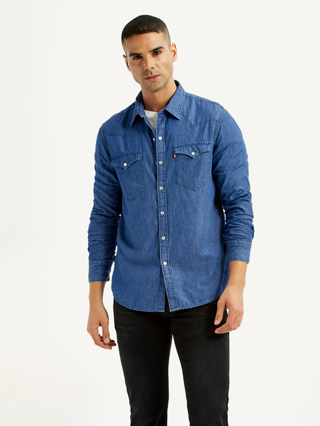 Men's Solid Blue Slim Fit Denim Shirt - Styleshot View