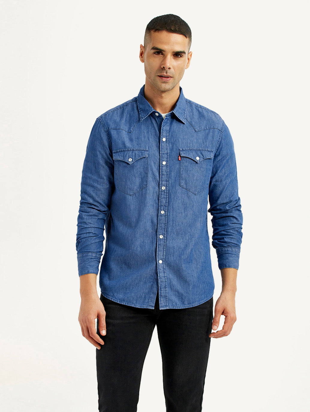 Men's Solid Blue Slim Fit Denim Shirt - Front View